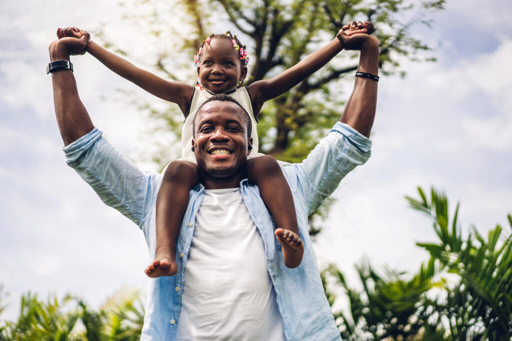 girl on dads shoulders